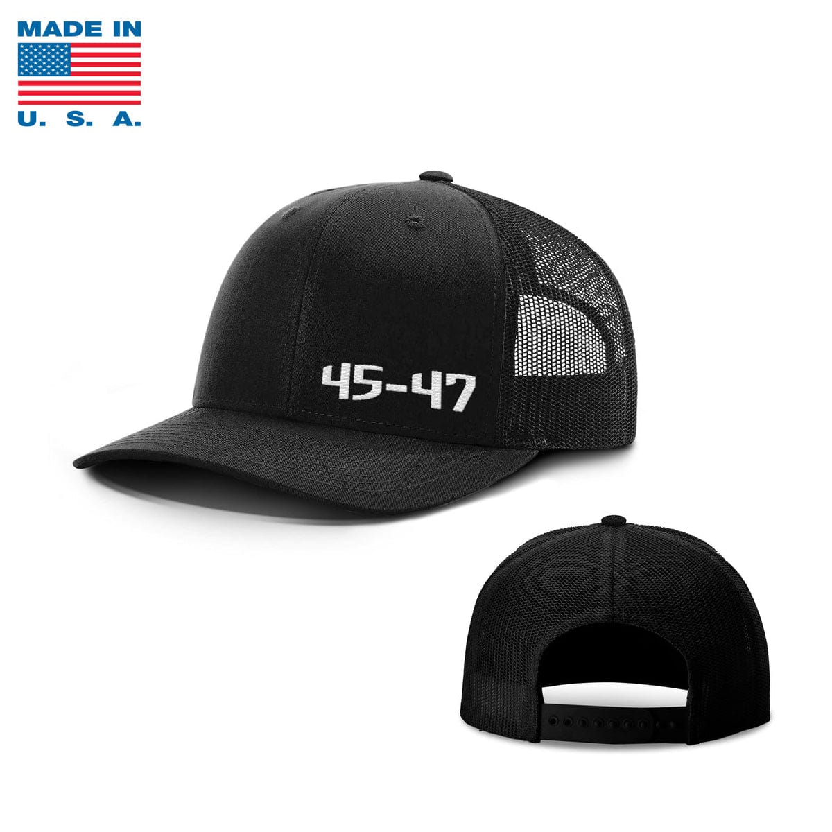 Adjustable Snapback Trucker Cap / Black 45-47 Lower Left Trucker Hat Made in the USA maga trump