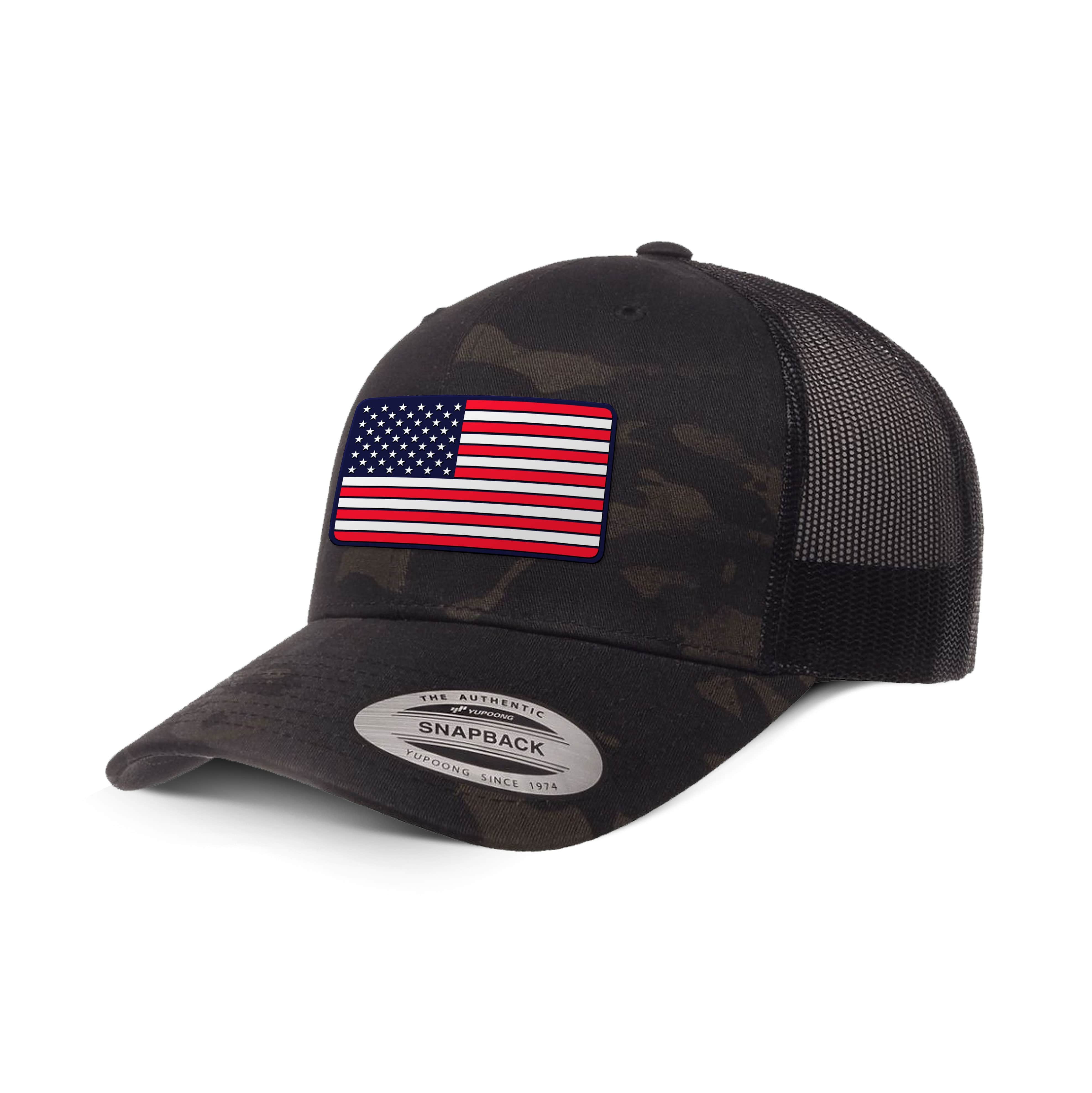 Adjustable Snapback Trucker Cap / Black Multicam USA FLAG PVC Camo Edition Trucker Hat maga trump