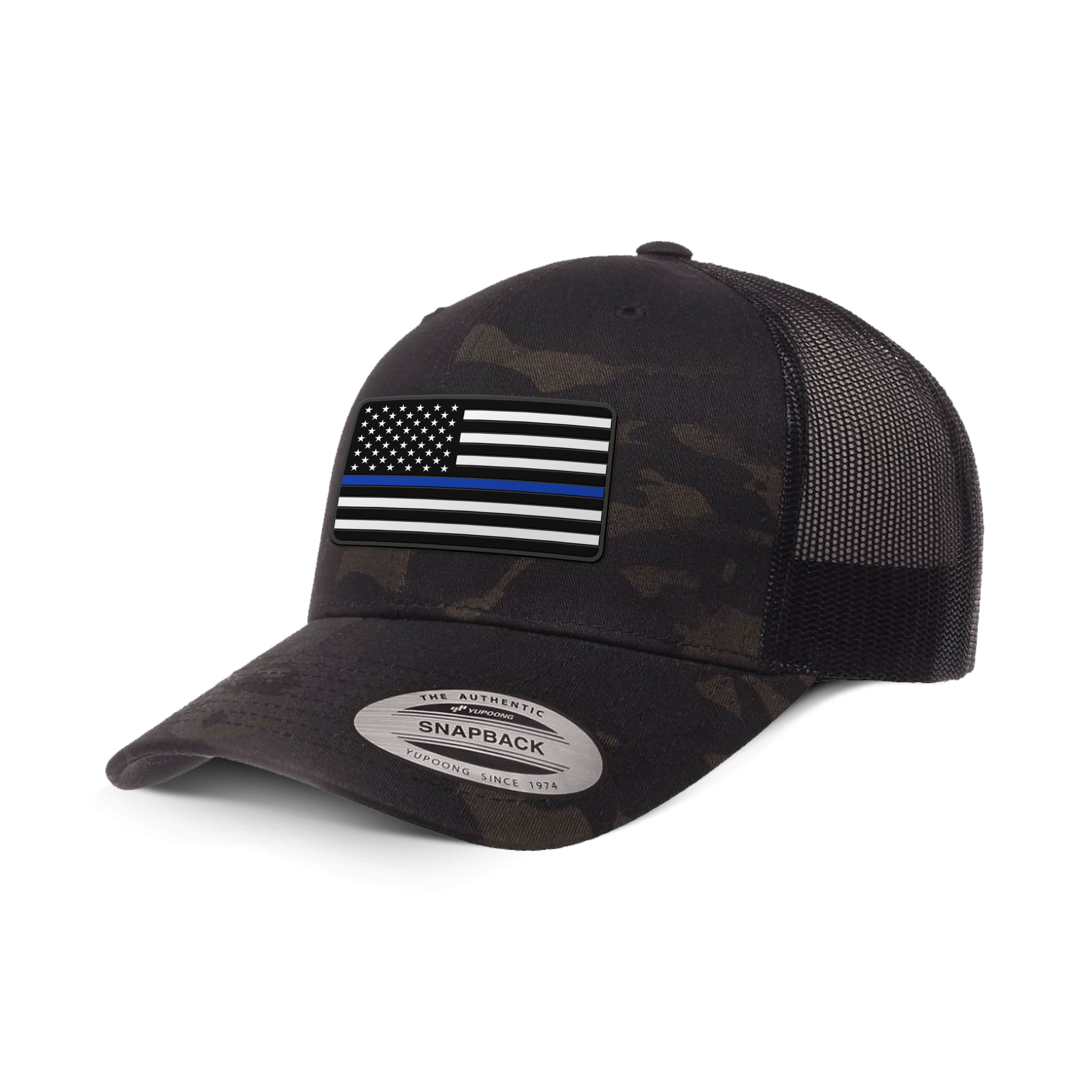 Adjustable Snapback Trucker Cap / Black Multicam USA THIN BLUE FLAG Camo Edition Trucker Hat maga trump