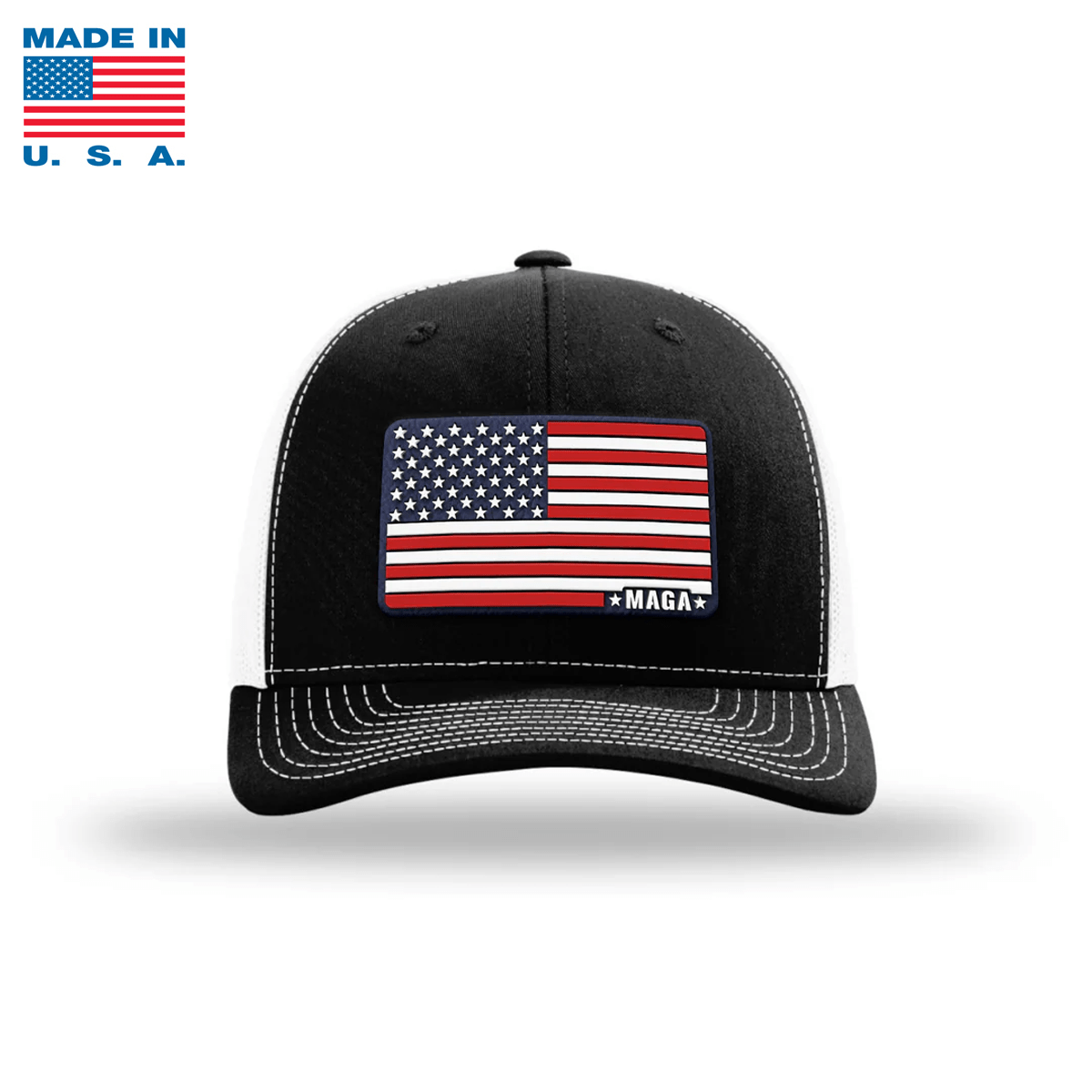 Adjustable Snapback Trucker Cap / Black/ White Maga American Flag Hat Made in the USA maga trump