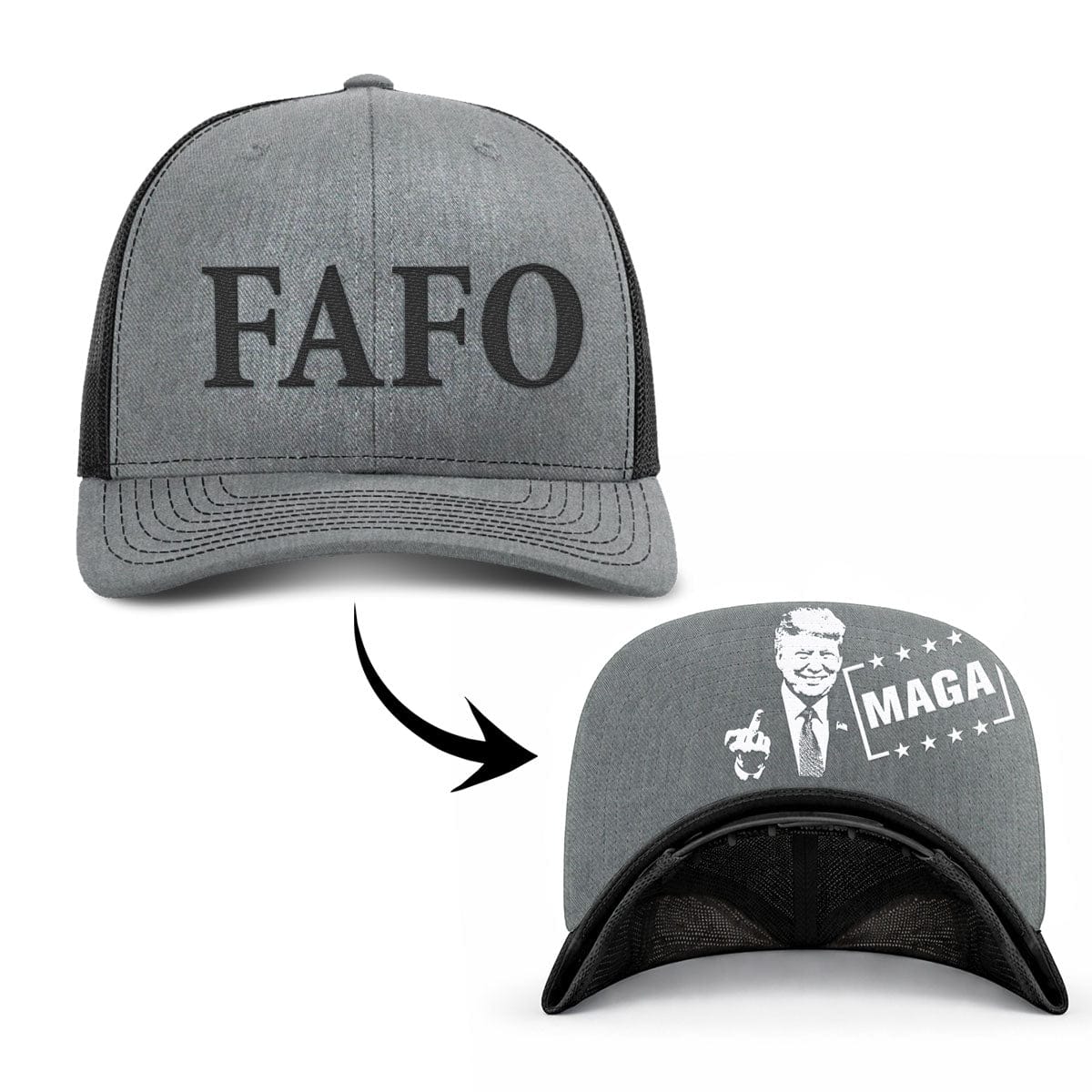 Adjustable Snapback Trucker Cap / Heather Gray/Black / OS FAFO Trucker (MF Hat) maga trump
