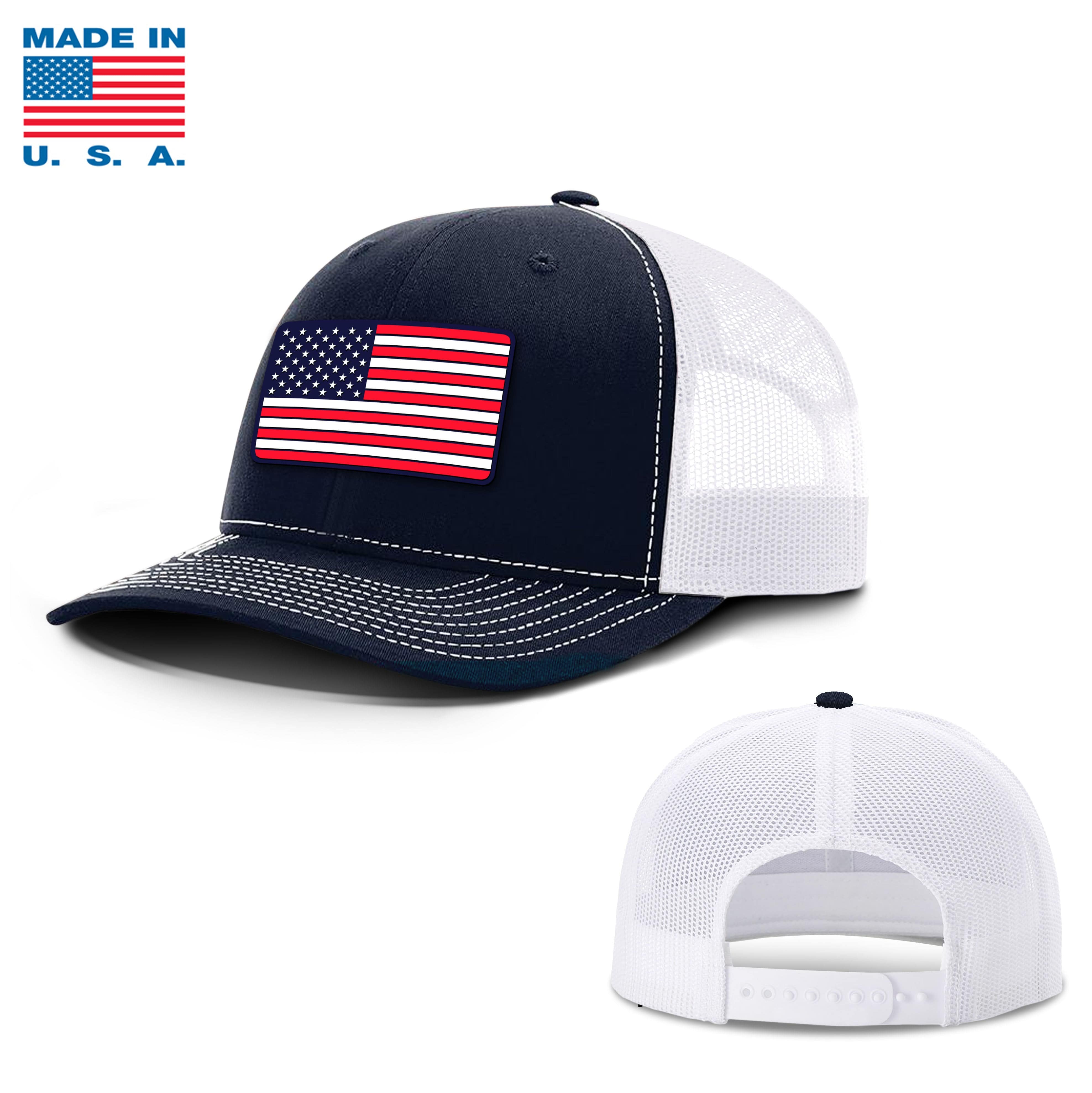 Adjustable Snapback Trucker Cap / Navy/White / OS USA FLAG PVC Trucker Hat Made in the USA maga trump