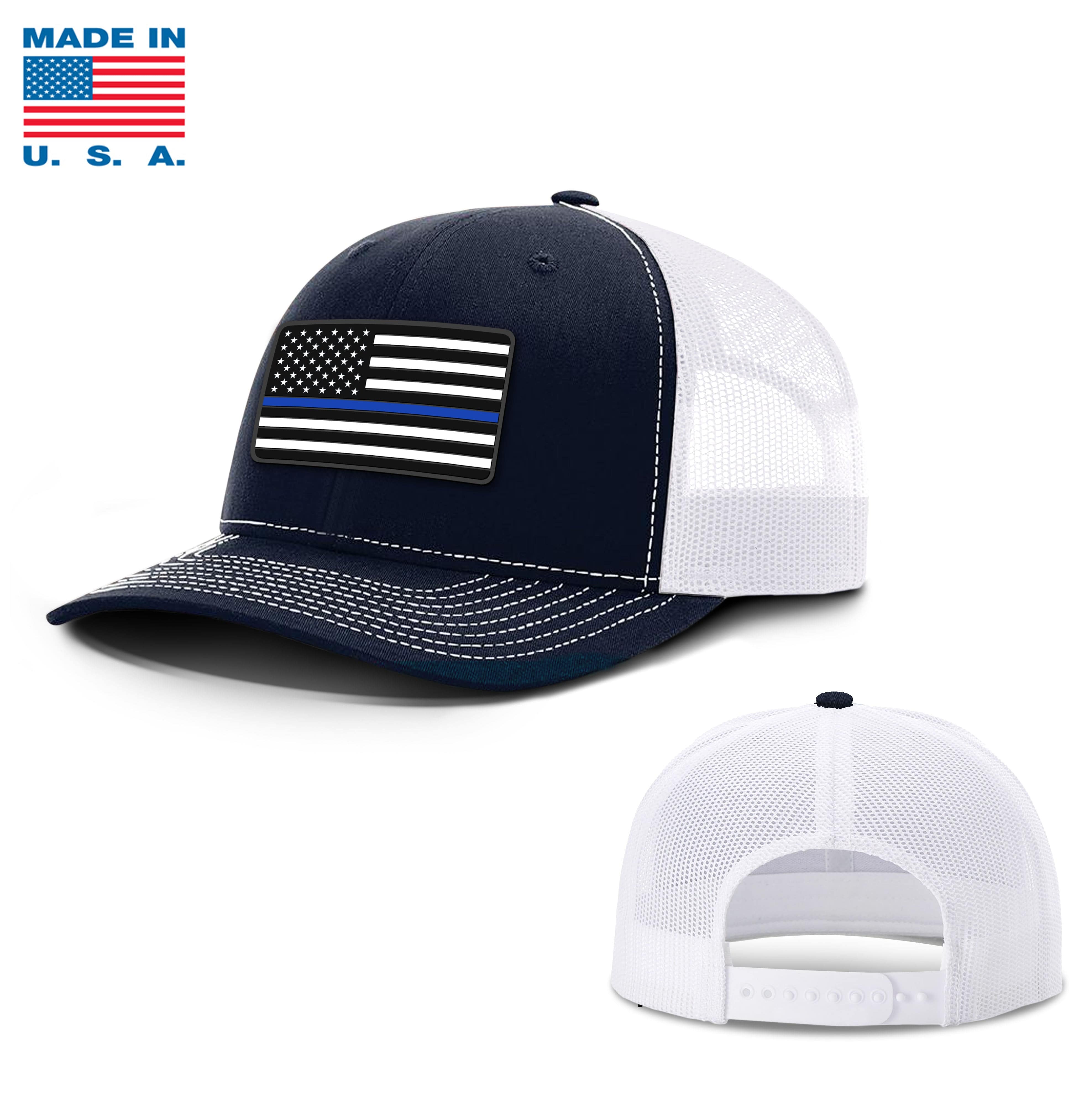 Adjustable Snapback Trucker Cap / Navy/White / OS USA THIN BLUE FLAG Trucker Hat Made in the USA maga trump