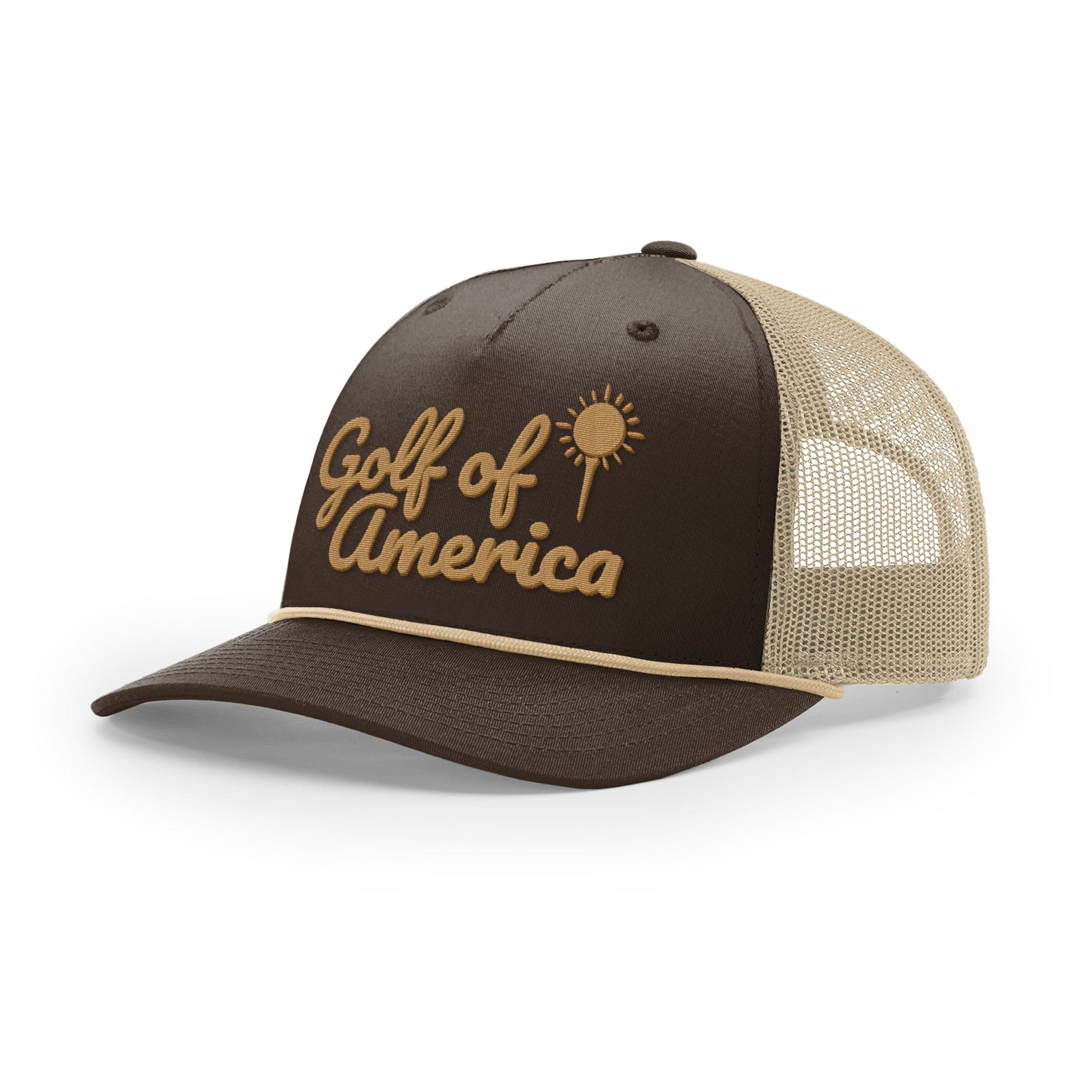 Five Panel Trucker with Rope / Brown/Khaki / OS Golf of America Rope Trucker Hat maga trump
