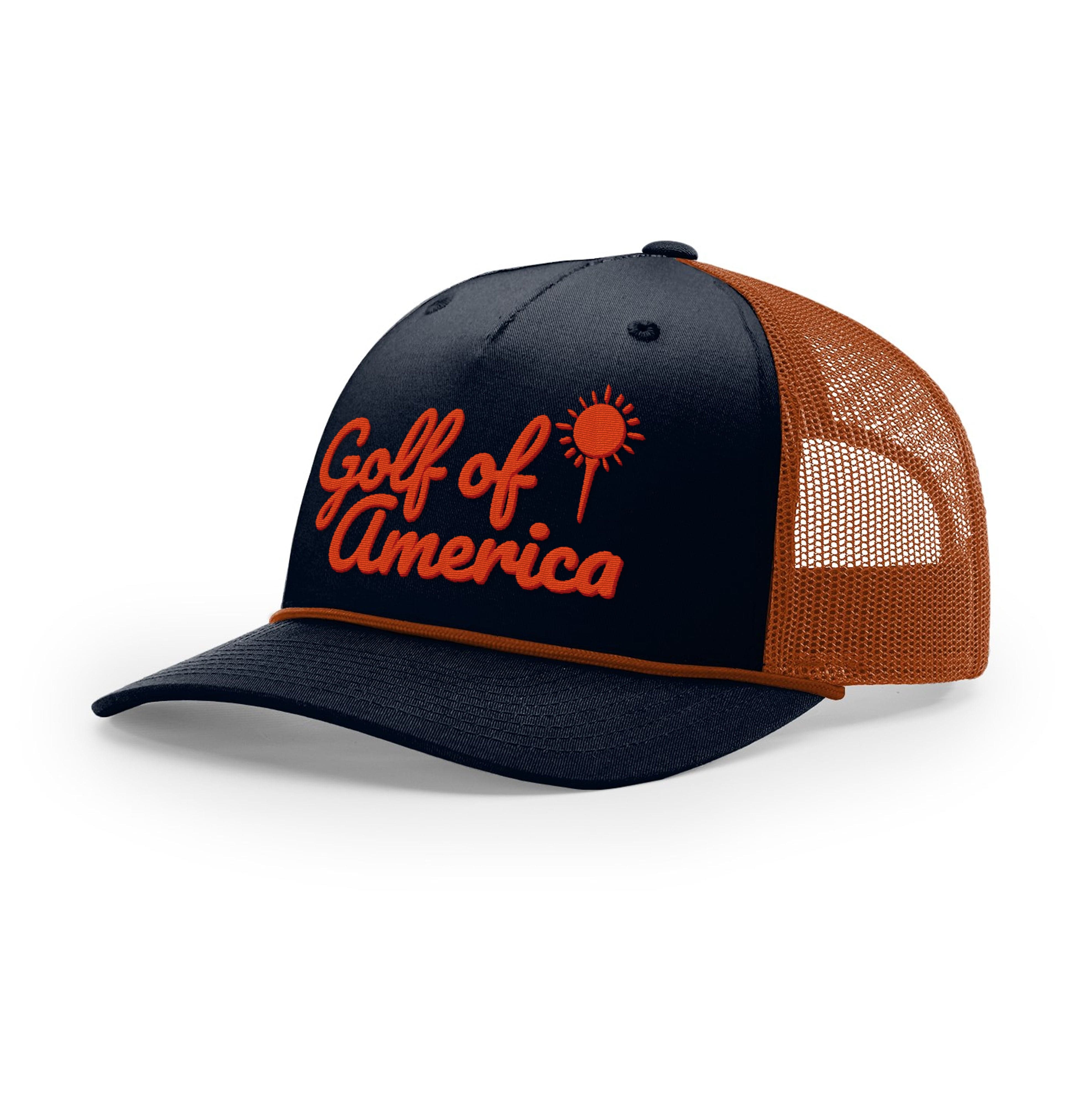 Five Panel Trucker with Rope / Navy/Orange / OS Golf of America Rope Trucker Hat maga trump