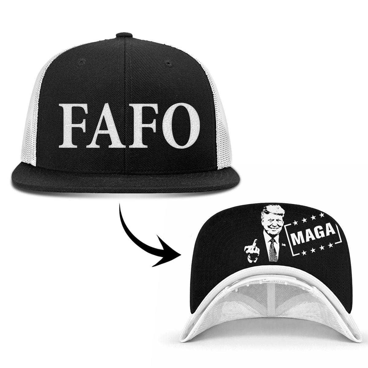 Wool blend flatbill trucker / Black/White FAFO FlatBill (MF Hat) maga trump