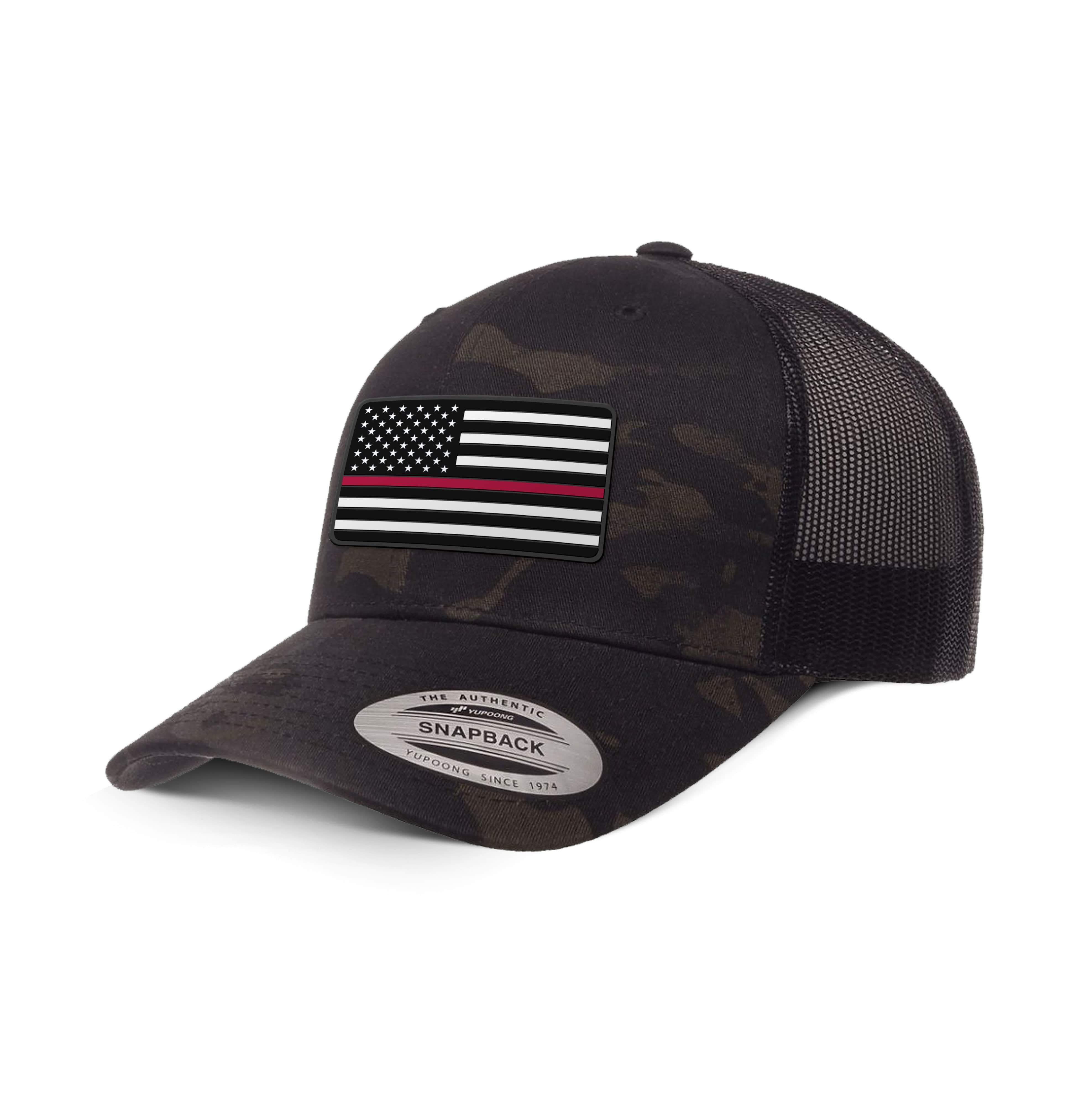 Adjustable Snapback Trucker Cap / Black Multicam USA THIN RED FLAG Camo Edition Trucker Hat maga trump