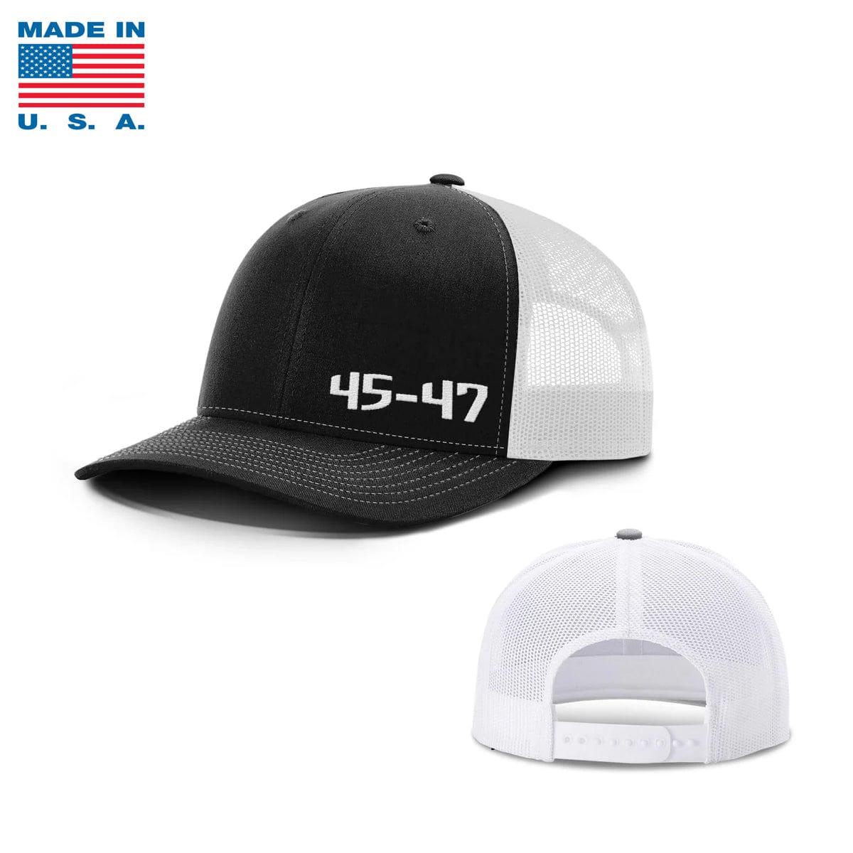 Adjustable Snapback Trucker Cap / Black/ White 45-47 Lower Left Trucker Hat Made in the USA maga trump