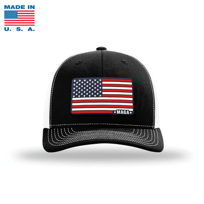 Adjustable Snapback Trucker Cap / Black/ White Maga American Flag Hat Made in the USA maga trump