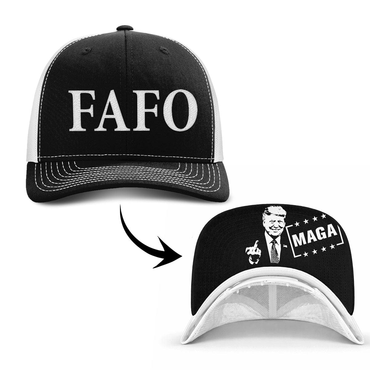 Adjustable Snapback Trucker Cap / Black/White / OS FAFO Trucker (MF Hat) maga trump
