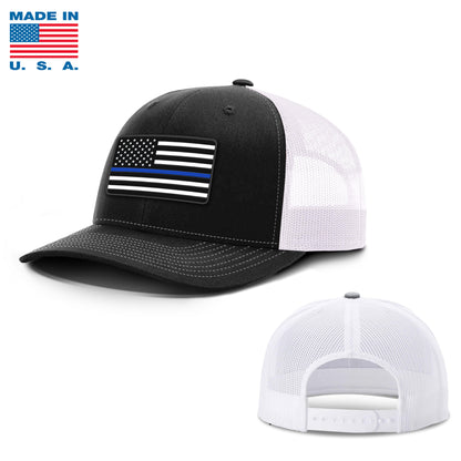 Adjustable Snapback Trucker Cap / Black/White / OS USA THIN BLUE FLAG Trucker Hat Made in the USA maga trump