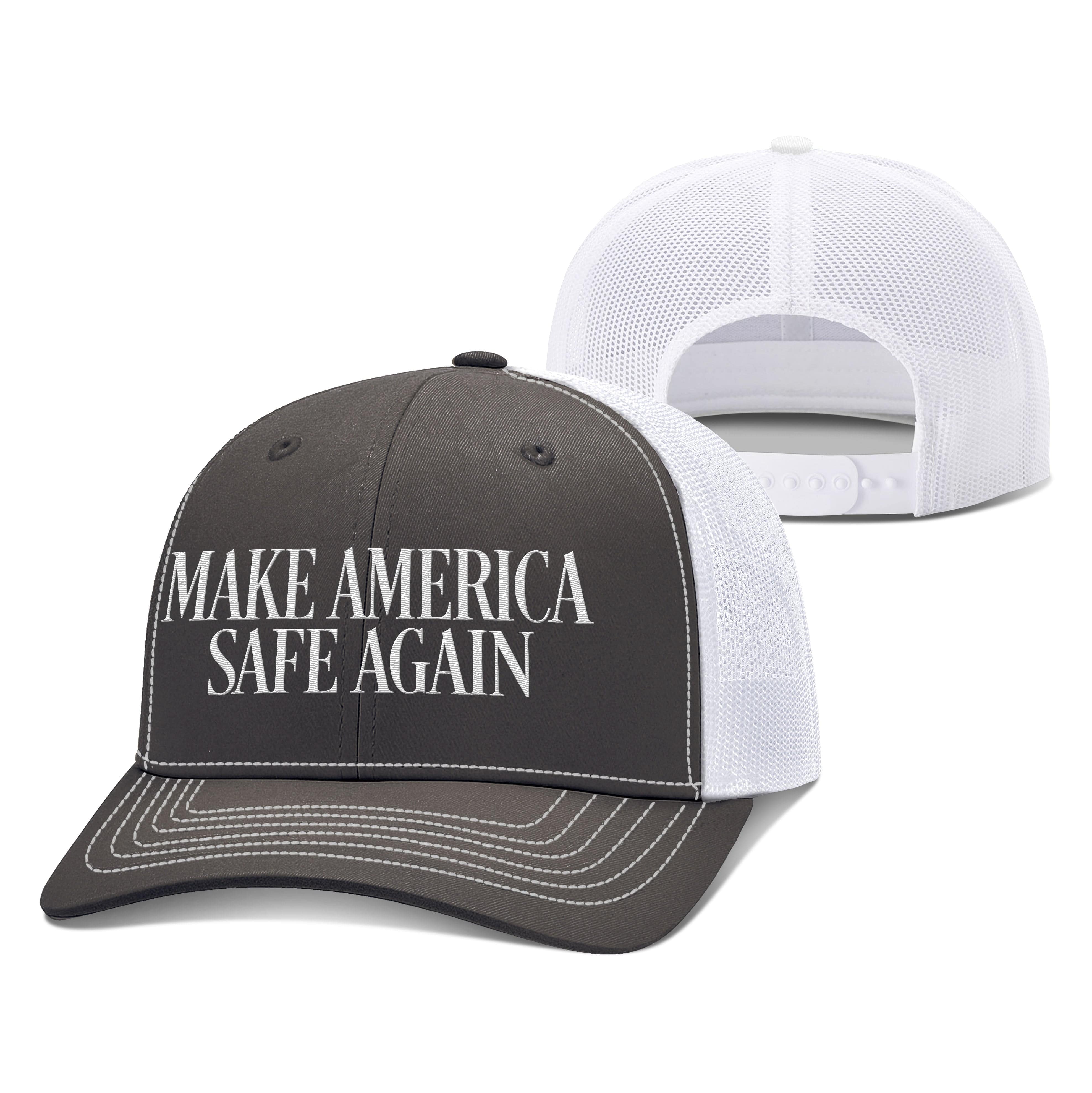 Adjustable Snapback Trucker Cap / Charcoal/White / OS MAKE AMERICA SAFE AGAIN Trucker Hat maga trump