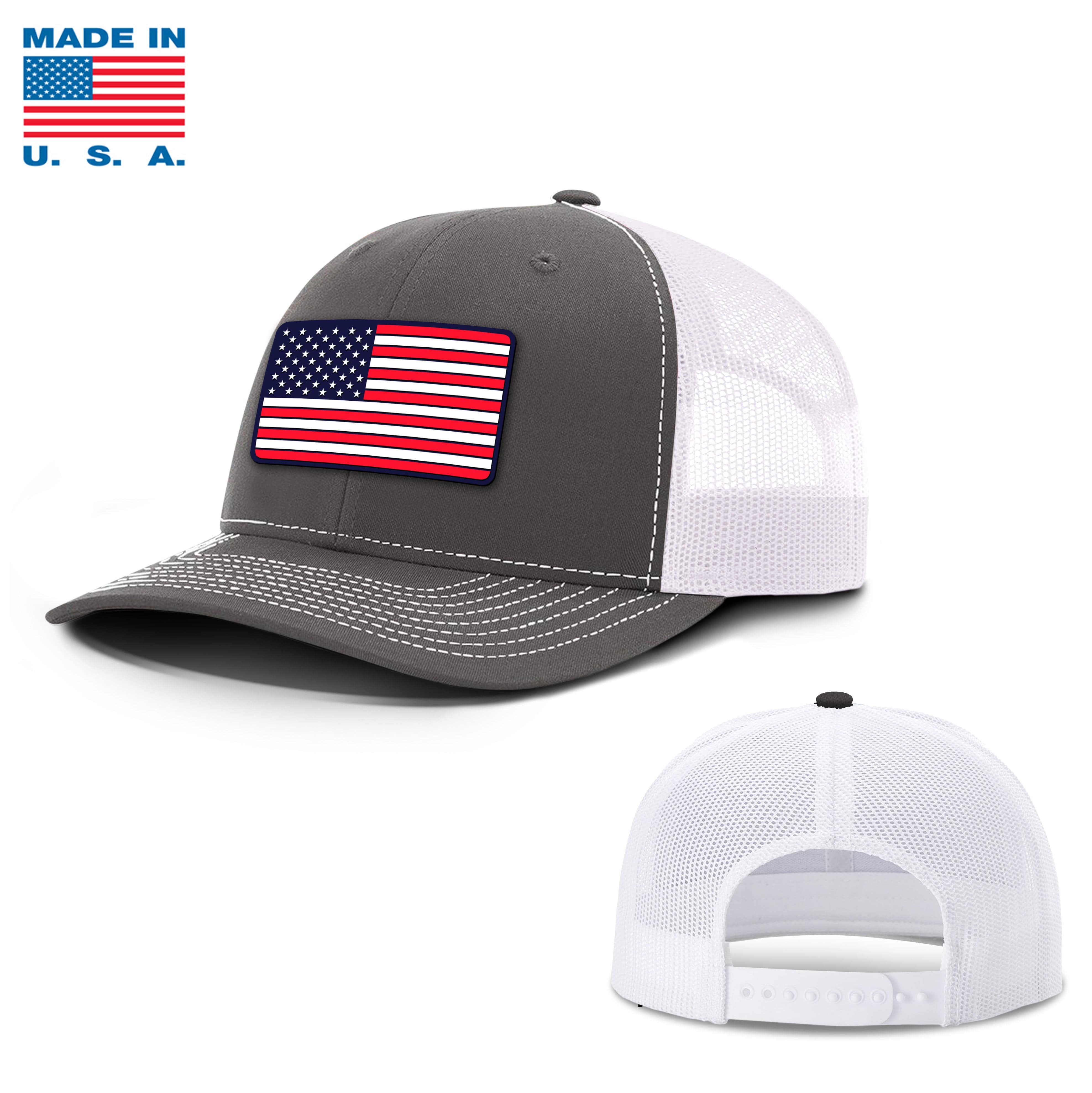 Adjustable Snapback Trucker Cap / Charcoal/White / OS USA FLAG PVC Trucker Hat Made in the USA maga trump