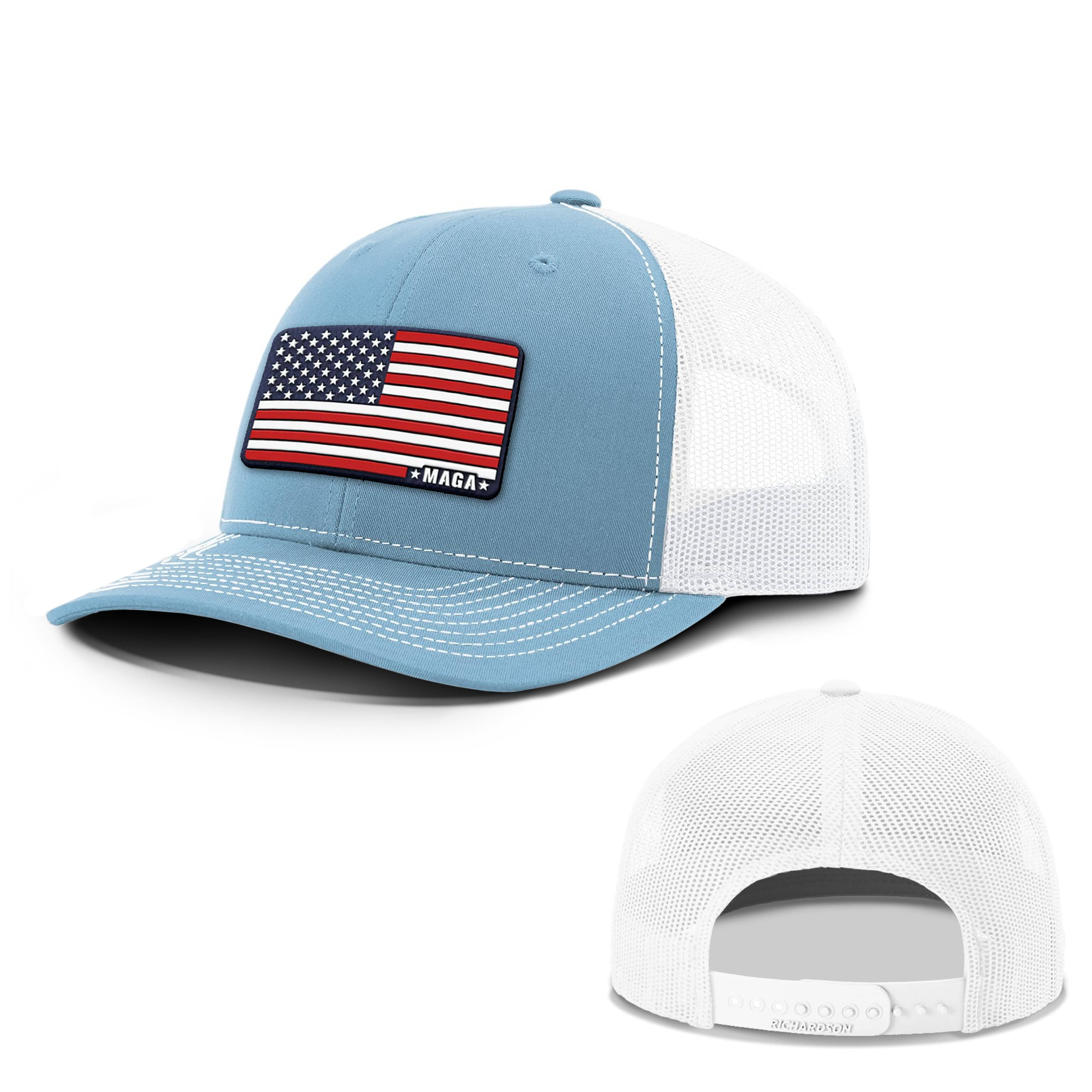 Adjustable Snapback Trucker Cap / Columbia Blue/White / OS Maga American Flag Summer Hat maga trump