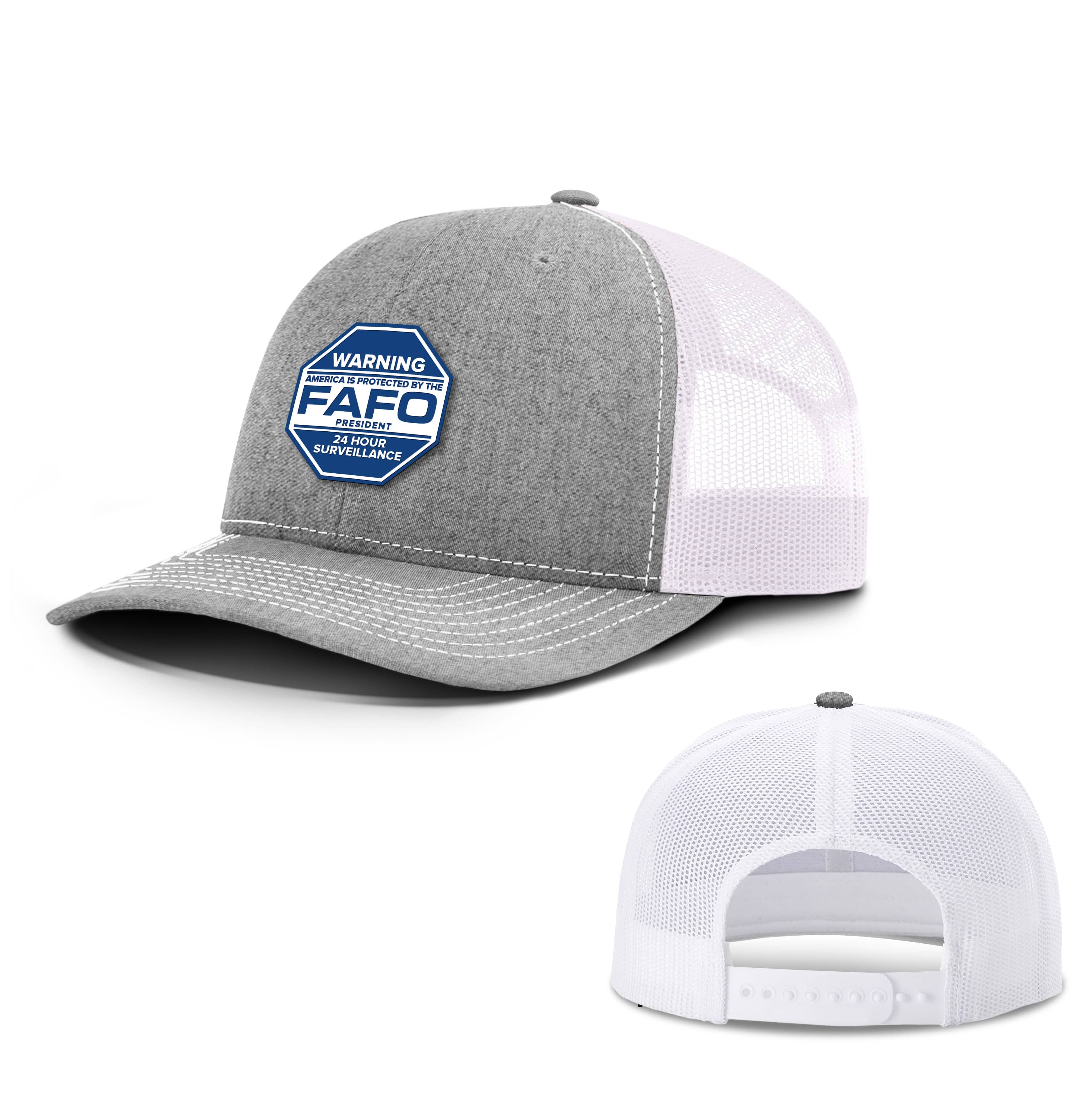 Adjustable Snapback Trucker Cap / Heather Gray/White / OS WARNING - America is Protected by the FAFO Trucker Hat maga trump