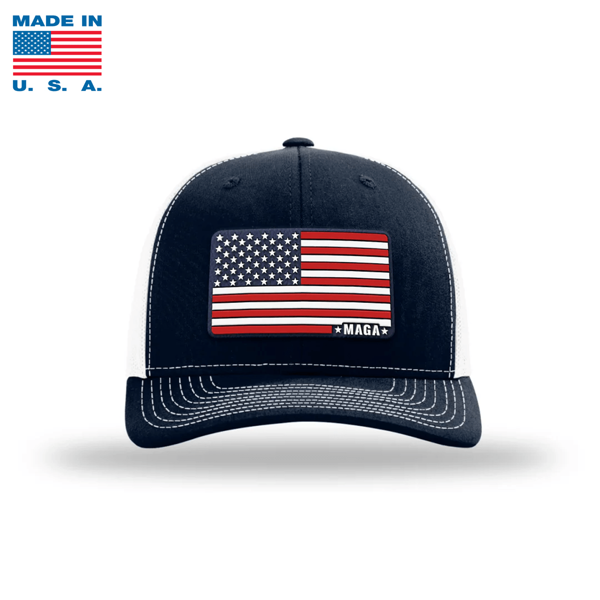 Adjustable Snapback Trucker Cap / Navy/ White Maga American Flag Hat Made in the USA maga trump