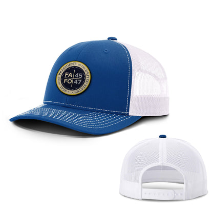 Adjustable Snapback Trucker Cap / Royal/ White FAFO 45 47 Leather Patch Trucker Hat maga trump
