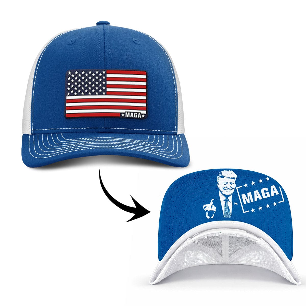 Adjustable Snapback Trucker Cap / Royal/White / OS Maga American Flag (MF Hat) maga trump