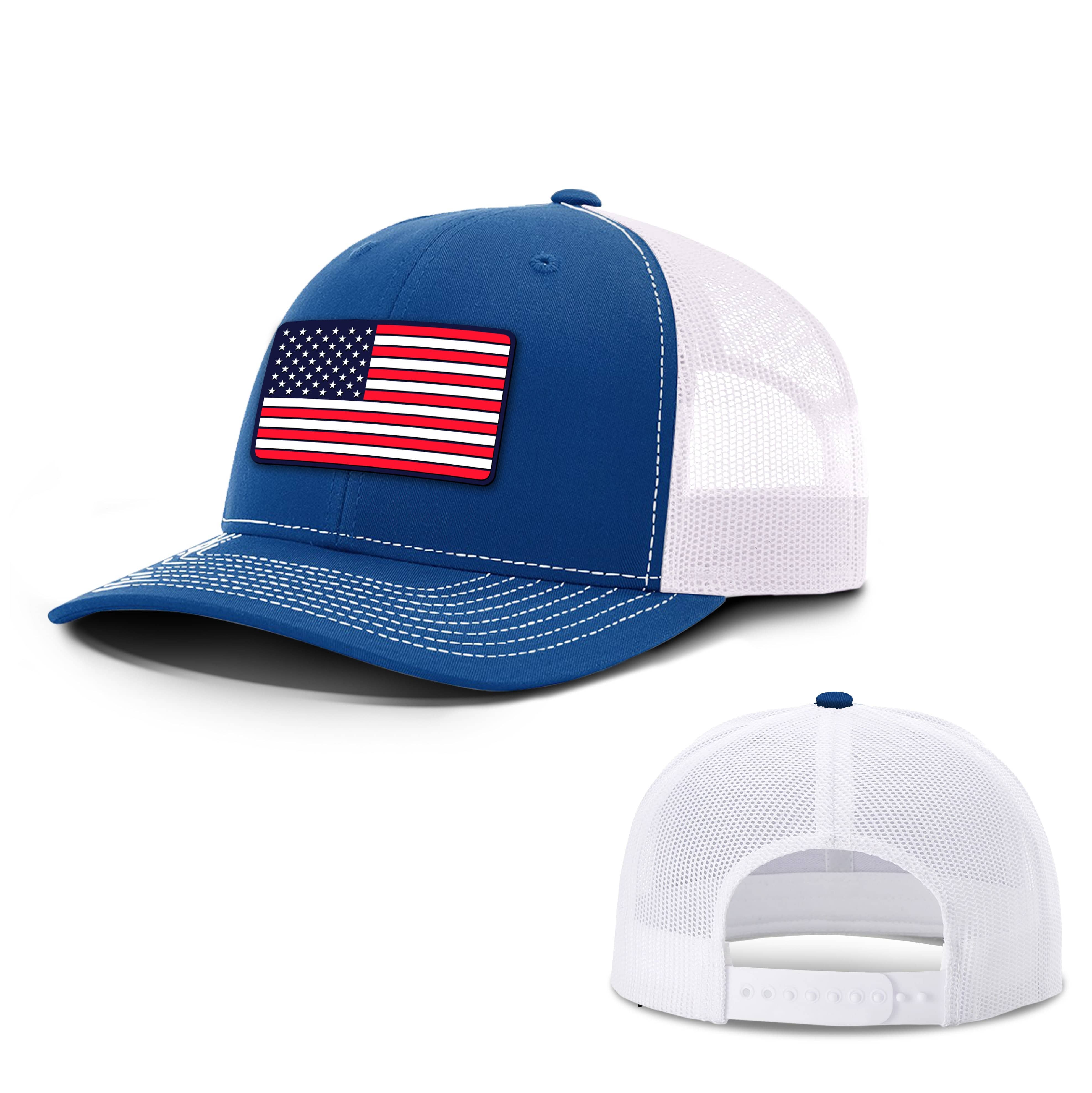Adjustable Snapback Trucker Cap / Royal/ White / OS USA FLAG PVC Trucker Hat maga trump