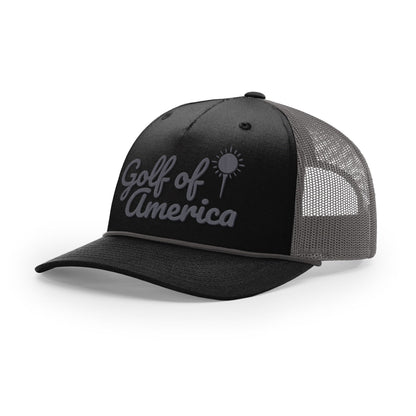 Five Panel Trucker with Rope / Black/Charcoal / OS Golf of America Rope Trucker Hat maga trump