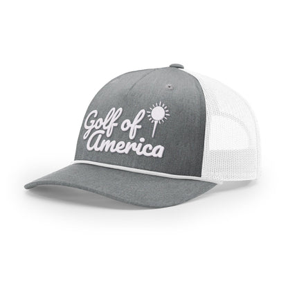 Five Panel Trucker with Rope / Heather Gray/White / OS Golf of America Rope Trucker Hat maga trump