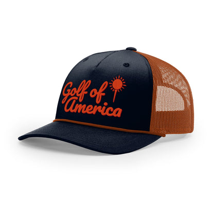 Five Panel Trucker with Rope / Navy/Orange / OS Golf of America Rope Trucker Hat maga trump