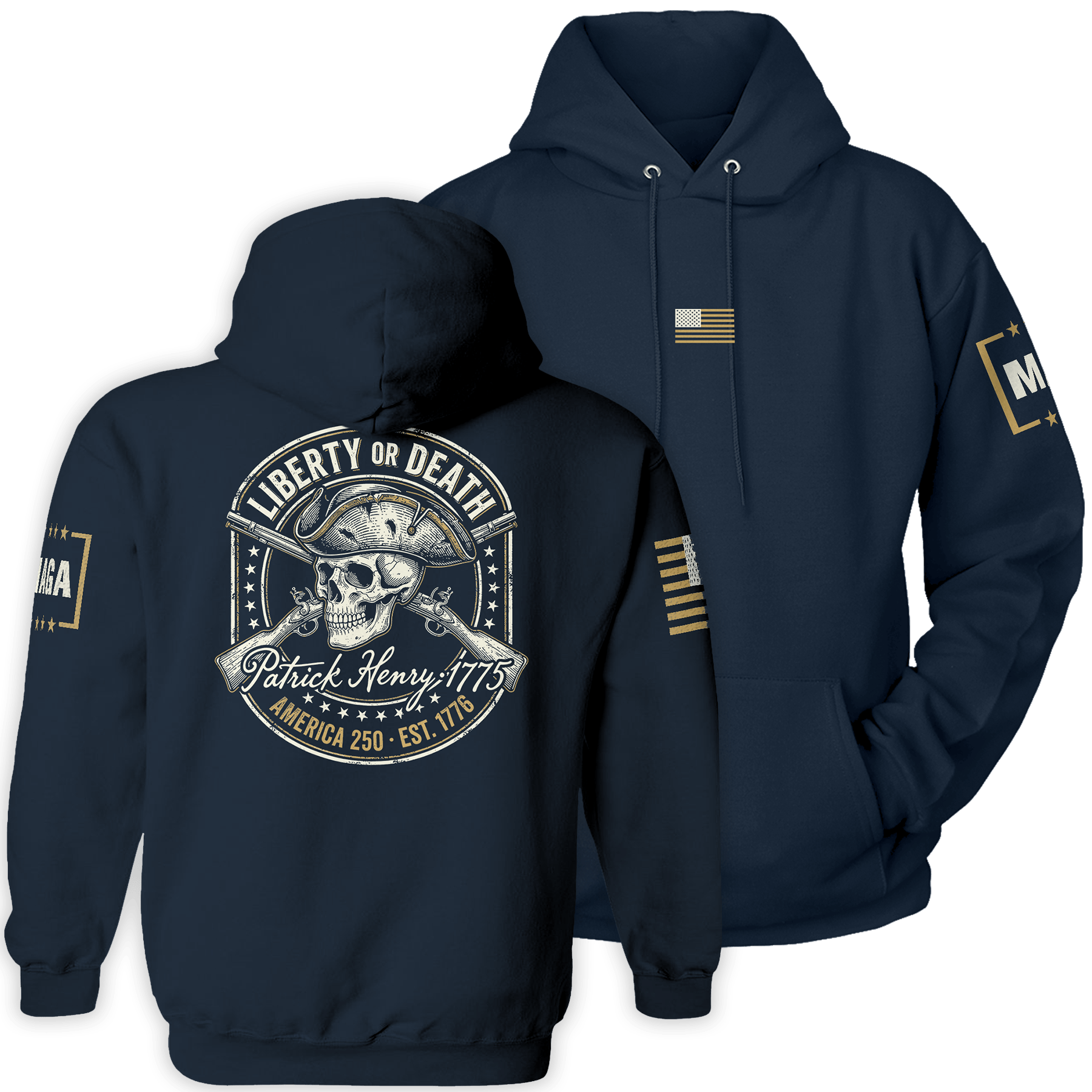 Navy / S Liberty or Death - Patrick Henry 1775 Hoodie maga trump