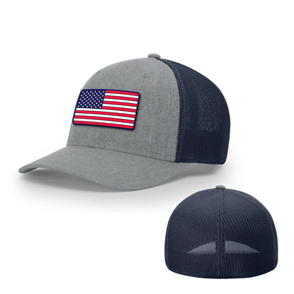 Trucker R-Flex / Heather Grey /Navy / S/M USA FLAG PVC Flexfit Hat maga trump
