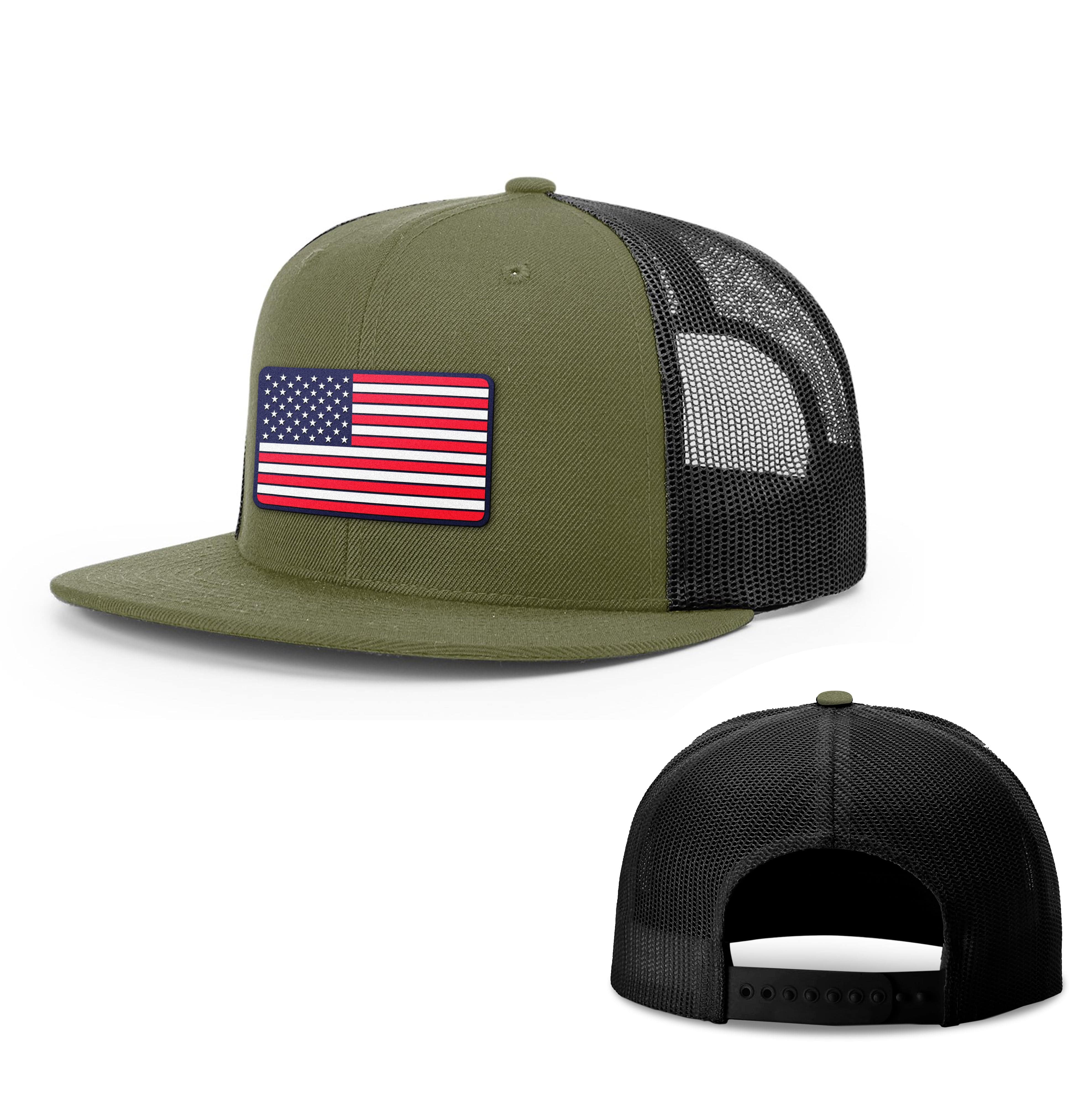 Wool blend flatbill trucker / Loden/ Black USA FLAG PVC Flat Bill Hat maga trump