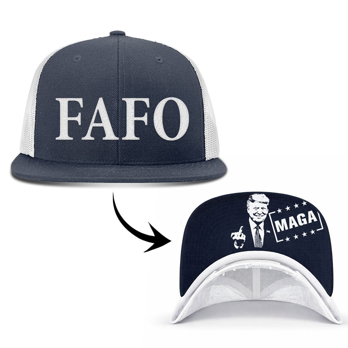 Wool blend flatbill trucker / Navy/White FAFO FlatBill (MF Hat) maga trump