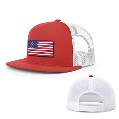 Wool blend flatbill trucker / Red/ White USA FLAG PVC Flat Bill Hat maga trump