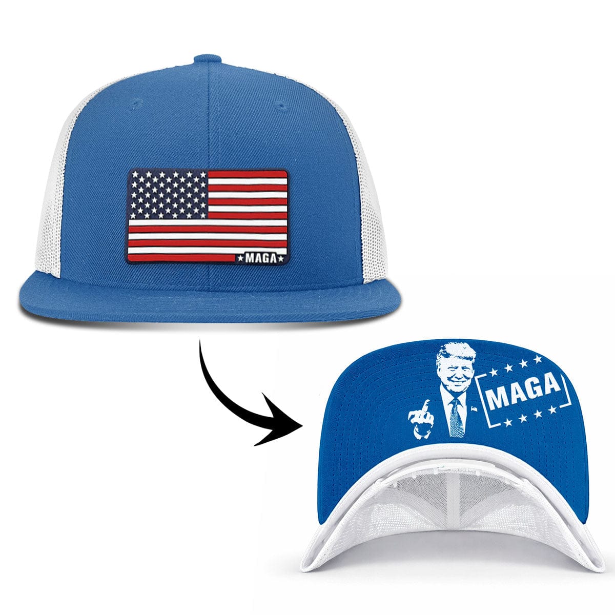 Wool blend flatbill trucker / Royal/White Maga American Flag FlatBill (MF Hat) maga trump