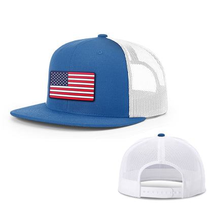 Wool blend flatbill trucker / Royal/White USA FLAG PVC Flat Bill Hat maga trump